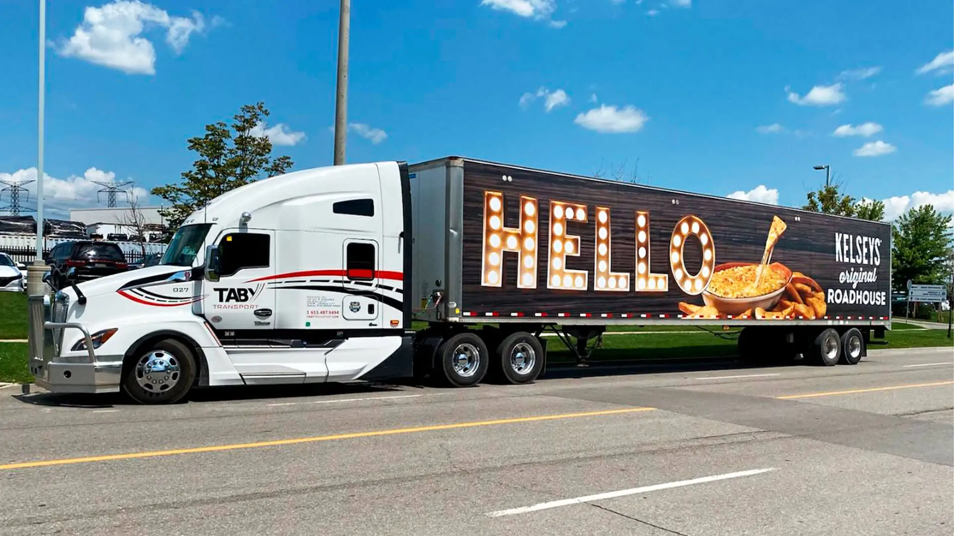 Kelsey's Original Roadhouse full trailer wrap on white semi-truck